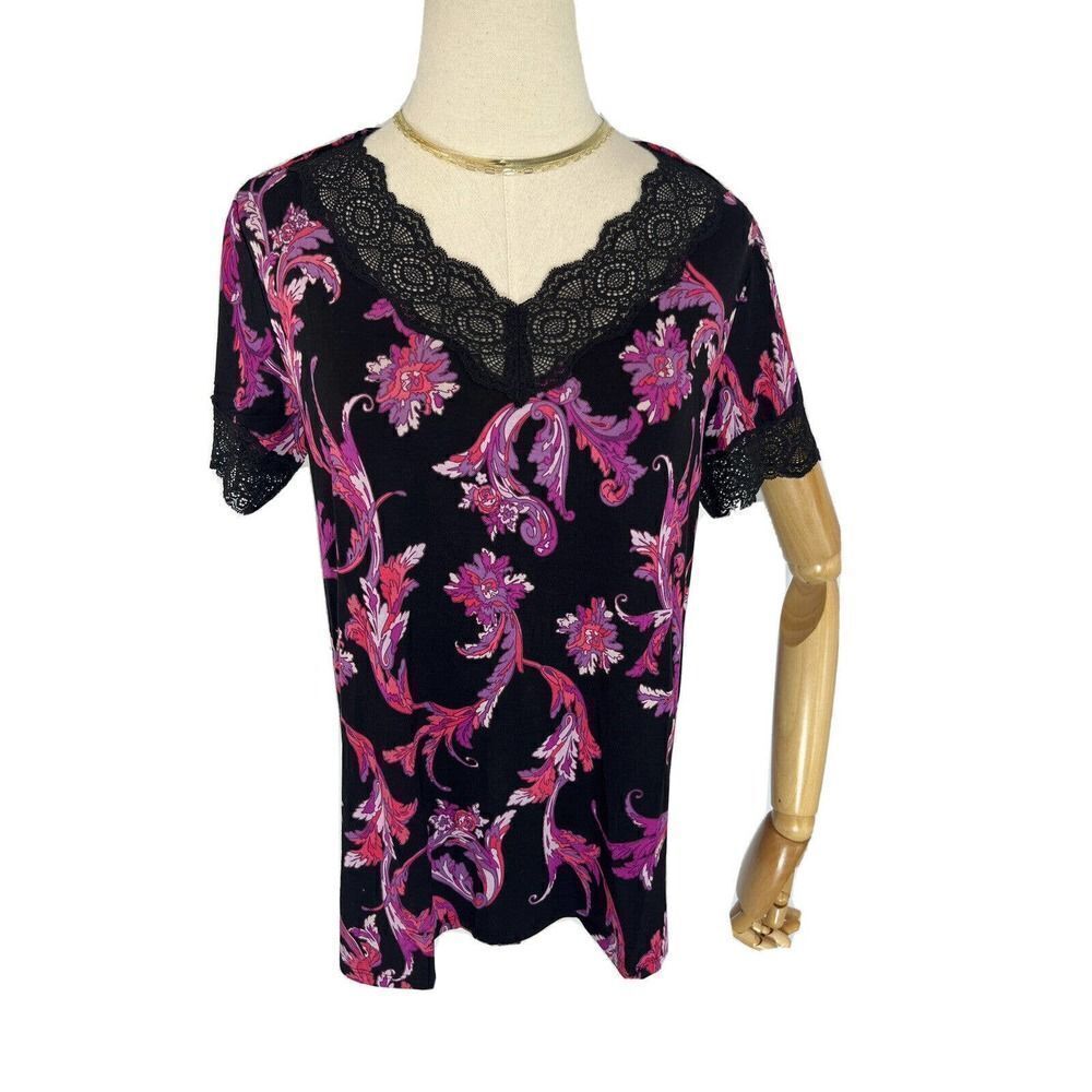 Soma Cool Nights Geo Lace Short Sleeve Top Small‎ Black Brilliant Scroll